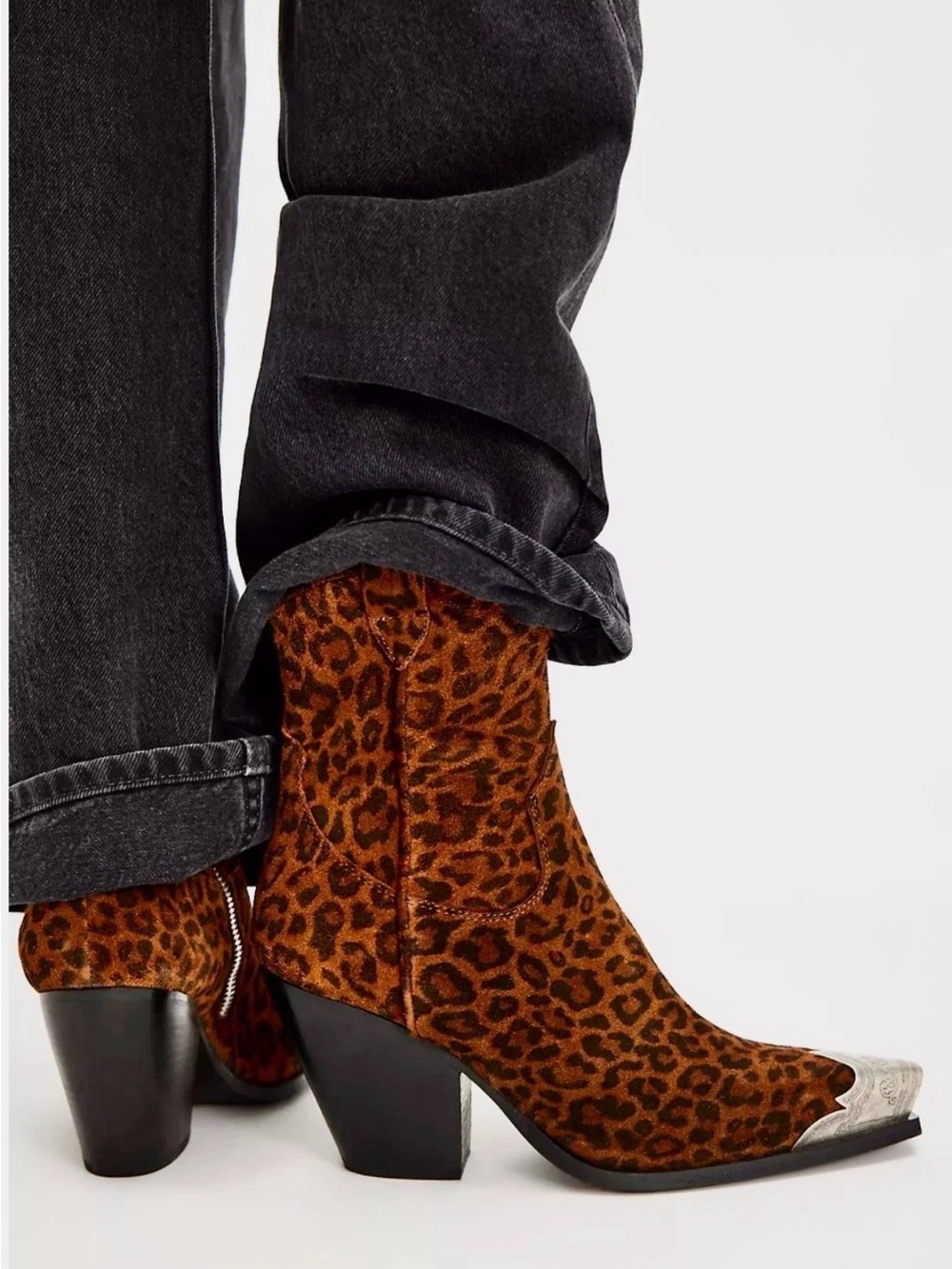 Free People Brayden Western Boot Brown & Black Leopard Suede Pewter Etched Tip